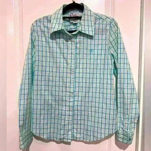 LILLY PULITZER BLOUSE

BUTTON UP SHIRT TOP Blue GREEN  White Stripe SZ 4 EUC - Picture 1 of 4
